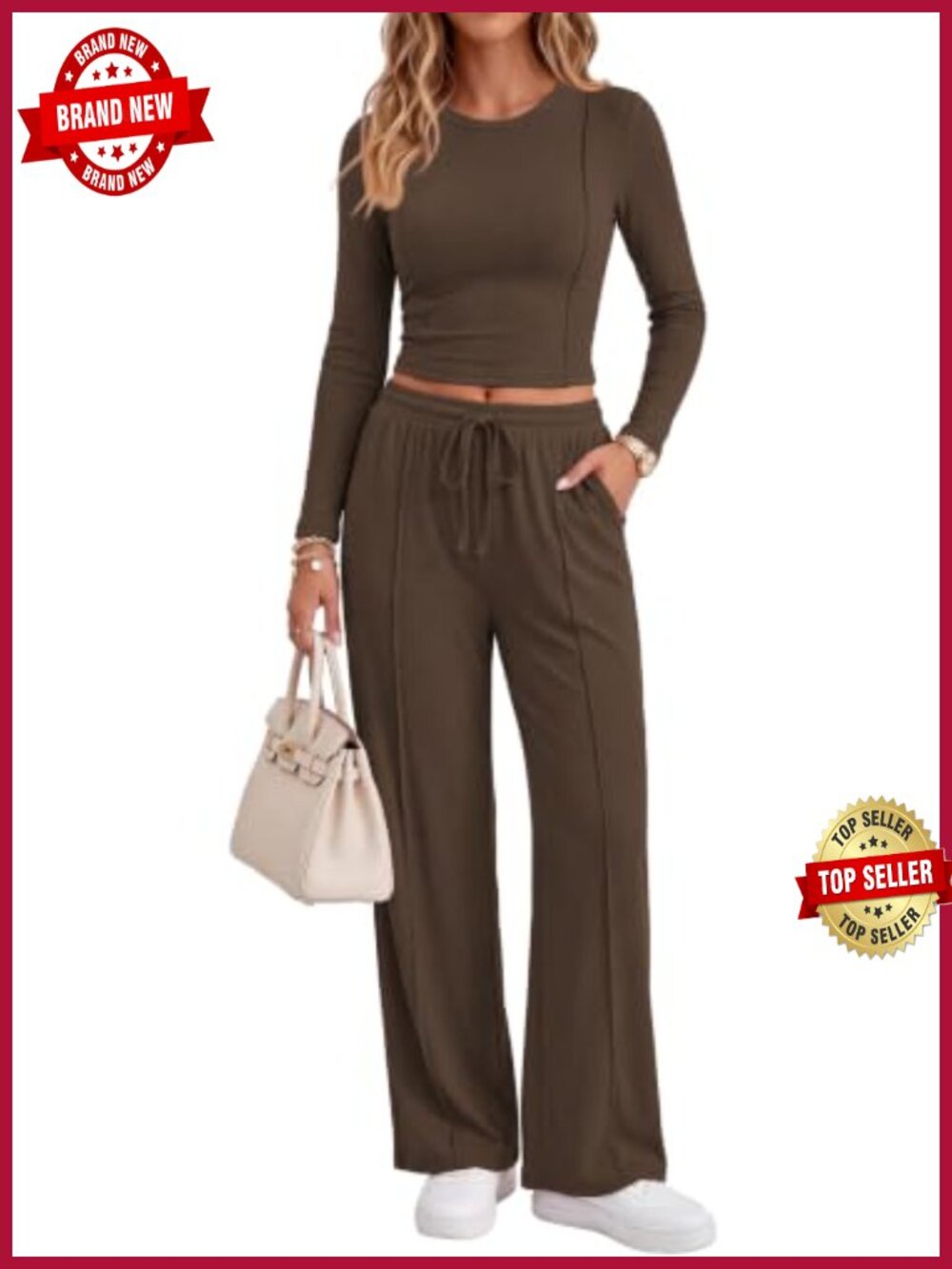 PRETTYGARDEN 2 Piece Long Sleeve Crop Top & Wide Leg Pants Lounge Set
